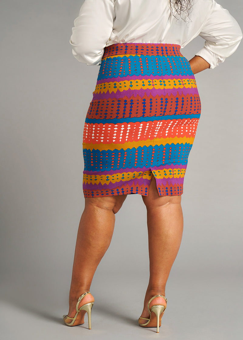 Hadiza Women's Afircan Print Stretch Pencil Skirt (Orange Teal Adire)