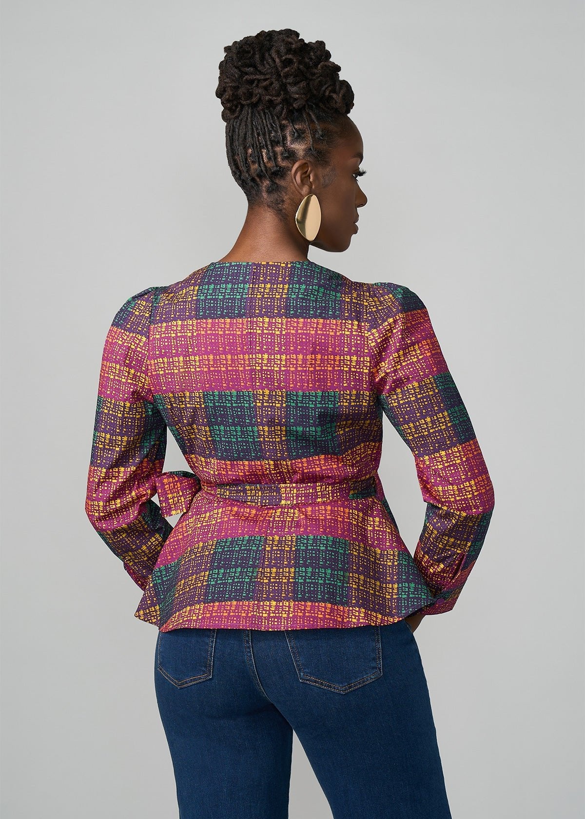Hafeda Women's African Print Wrap Blouse (Harvest Plaid Adire) - D'IYANU