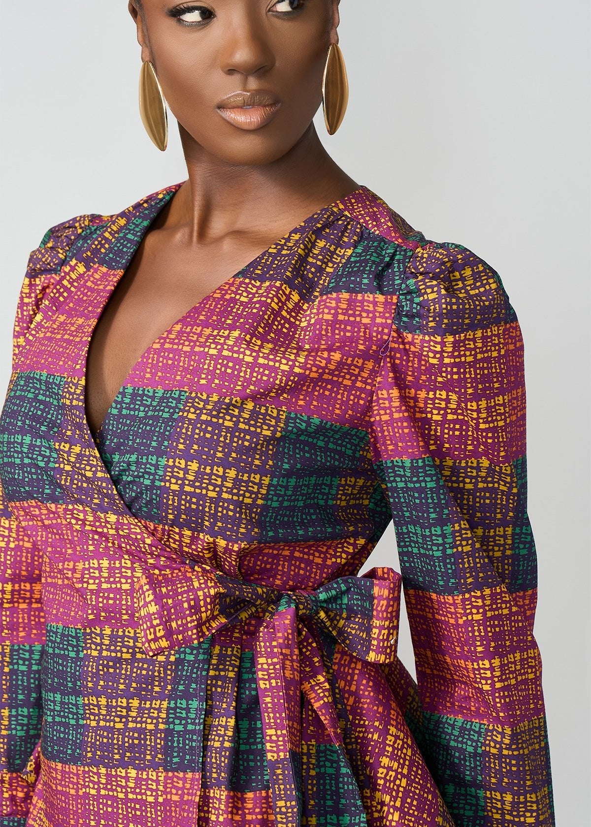 Hafeda Women's African Print Wrap Blouse (Harvest Plaid Adire) - D'IYANU