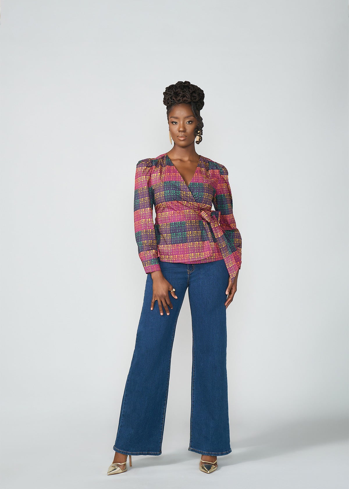 Hafeda Women's African Print Wrap Blouse (Harvest Plaid Adire) - D'IYANU