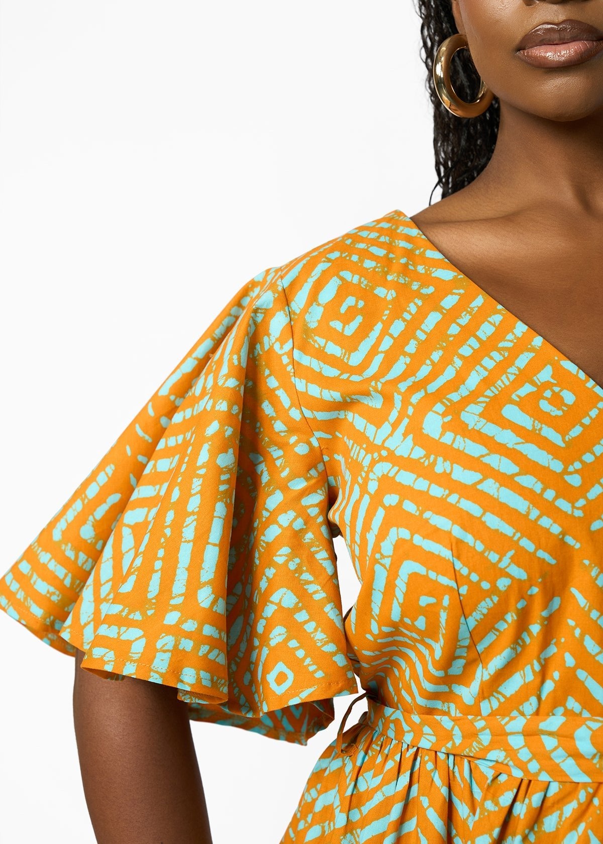Hamama Women's African Print Peplum Blouse (Orange Blue Adire) - D'IYANU