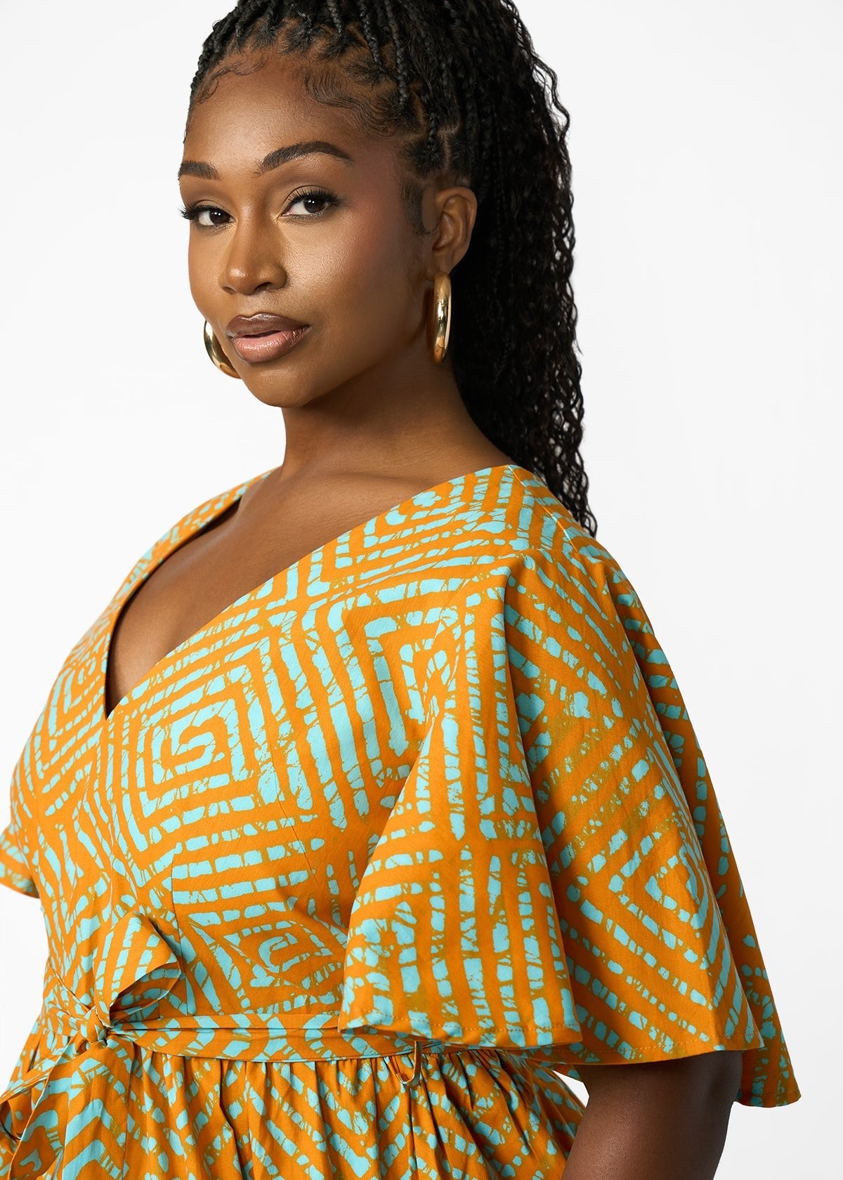 Hamama Women's African Print Peplum Blouse (Orange Blue Adire) - D'IYANU