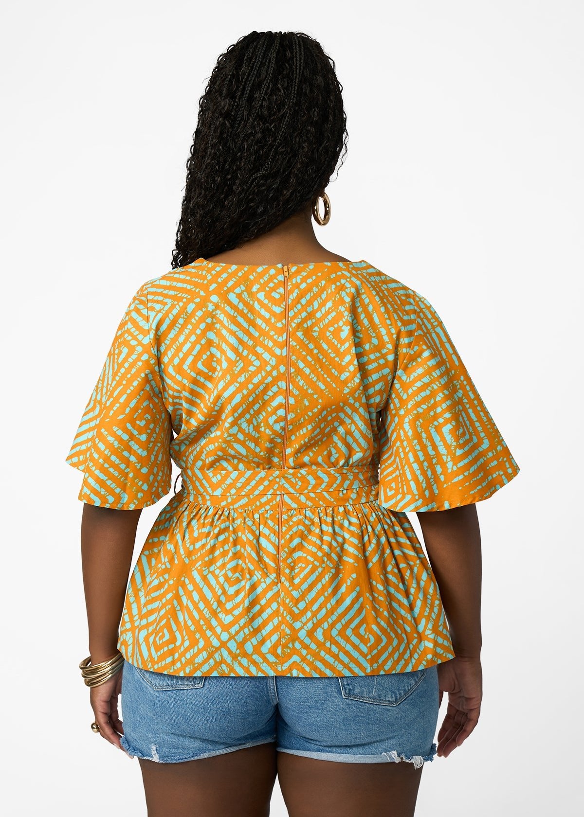 Hamama Women's African Print Peplum Blouse (Orange Blue Adire) - D'IYANU