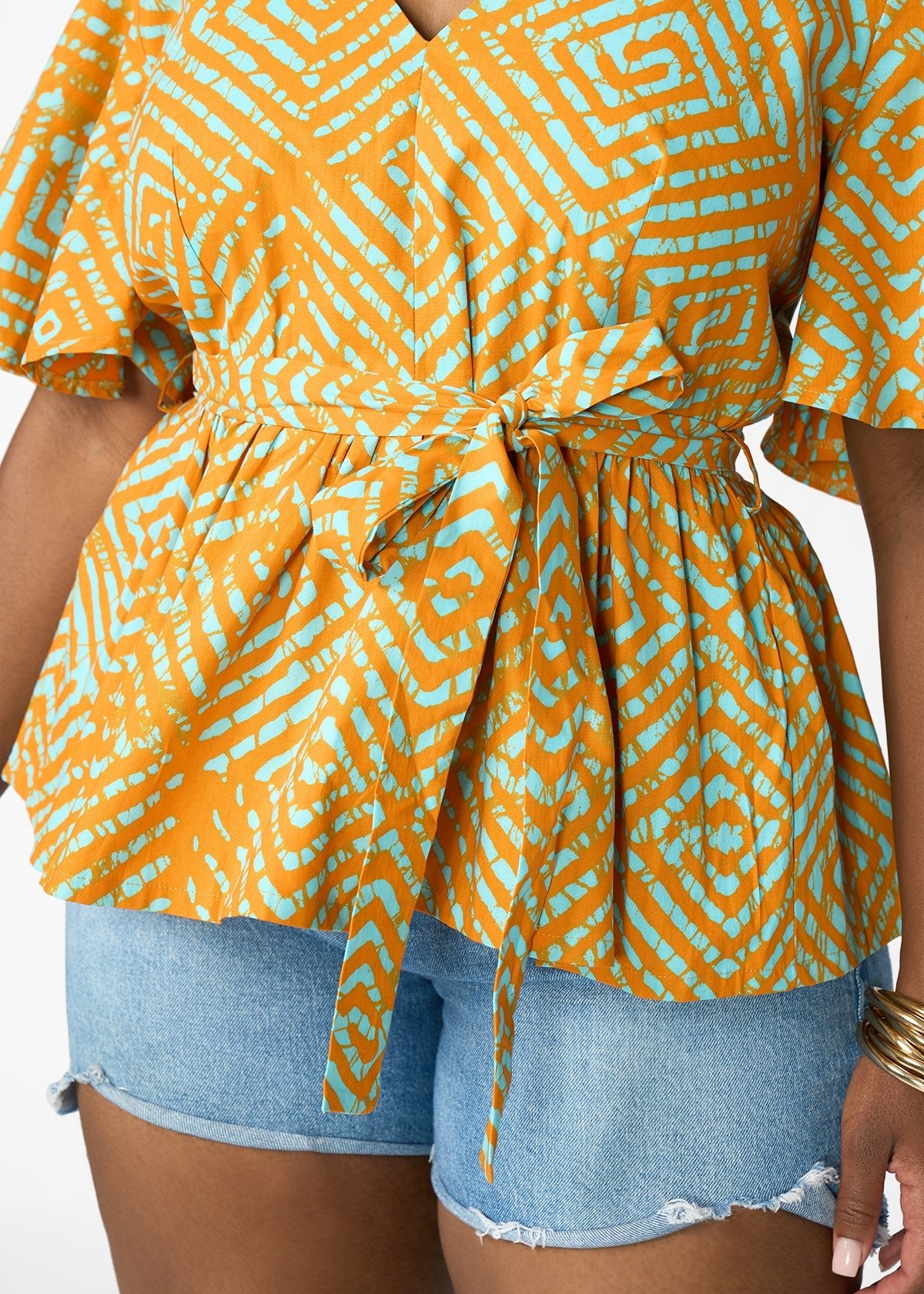 Hamama Women's African Print Peplum Blouse (Orange Blue Adire) - D'IYANU