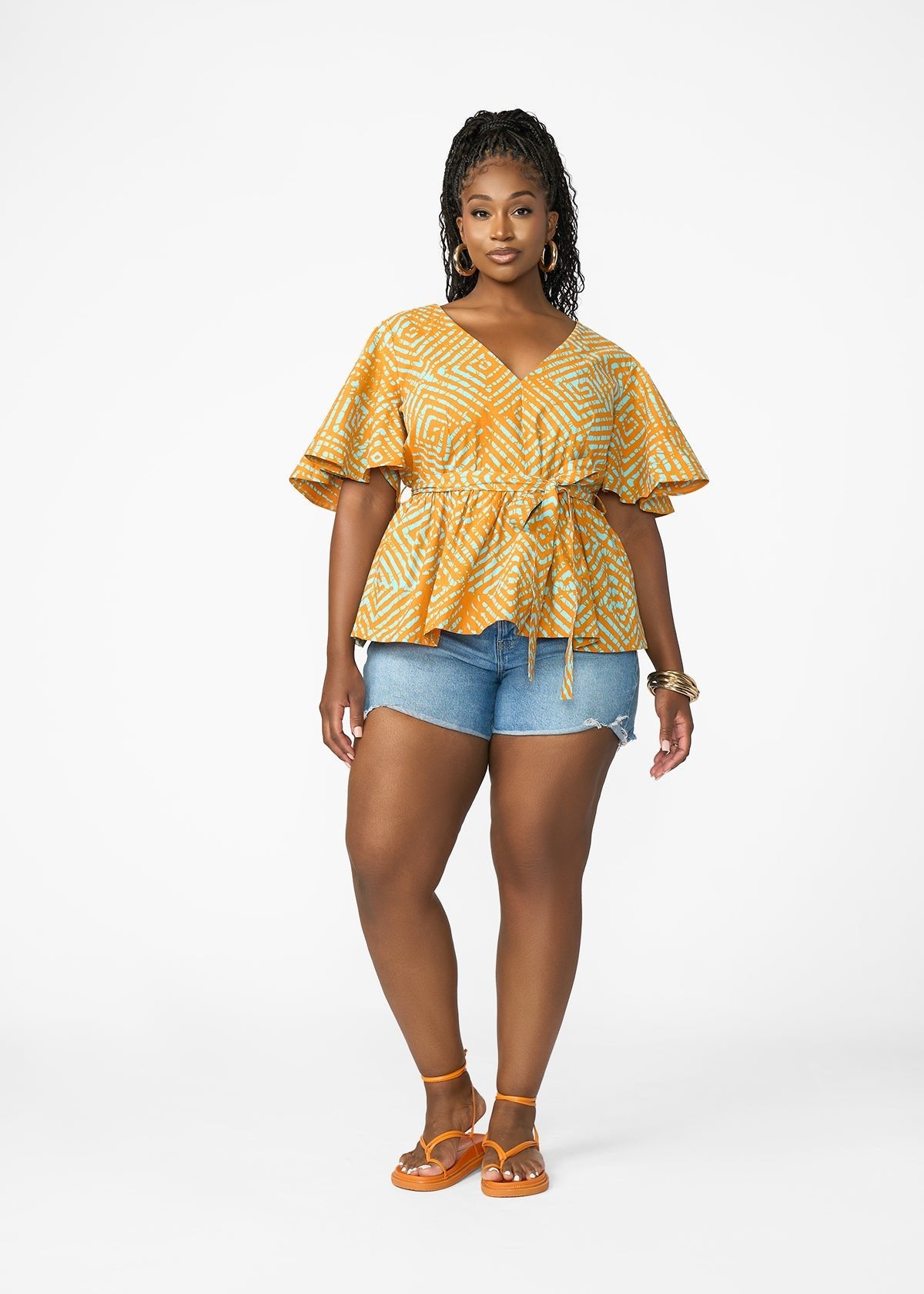 Hamama Women's African Print Peplum Blouse (Orange Blue Adire) - D'IYANU