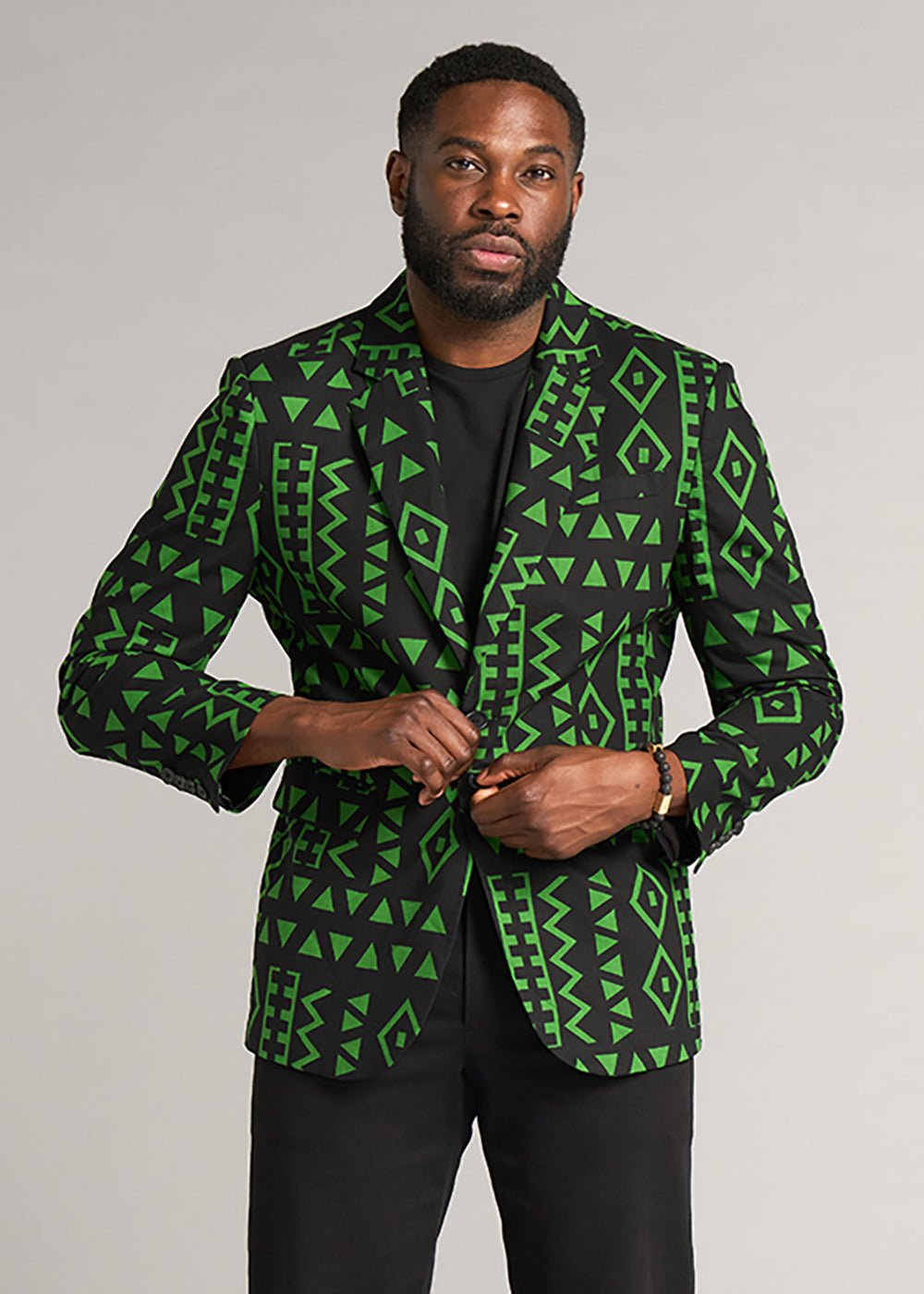 Hami Men's African Print Lightweight Blazer (Moss Black Geometric) - D'IYANU