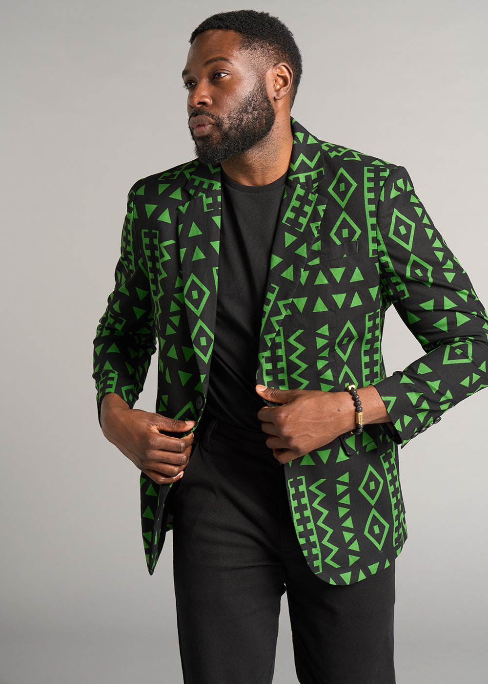 Hami Men's African Print Lightweight Blazer (Moss Black Geometric) - D'IYANU