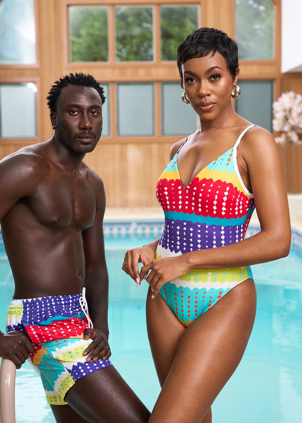 Hila Women's African Print Swimsuit (Rainbow Punch Adire) - D'IYANU