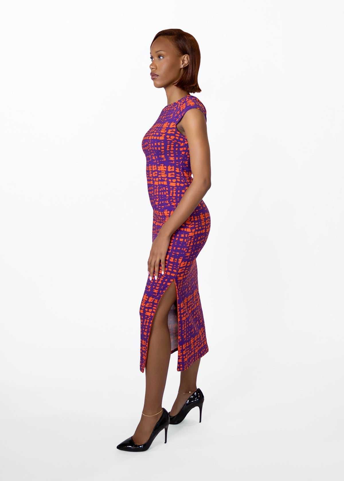 Ashantee Women's Cap Sleeve African Print Stretch Tunic Dress (Purple Tangerine Adire)
