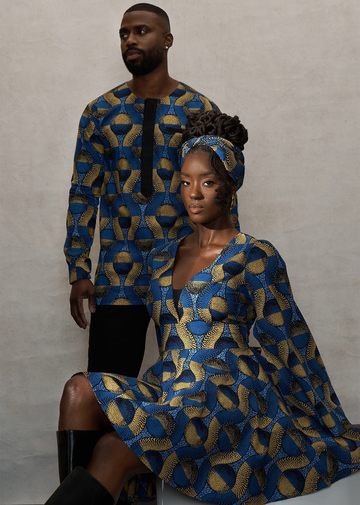 Ibrahim African Print Traditional Top (Blue Gold Circles) - D'IYANU