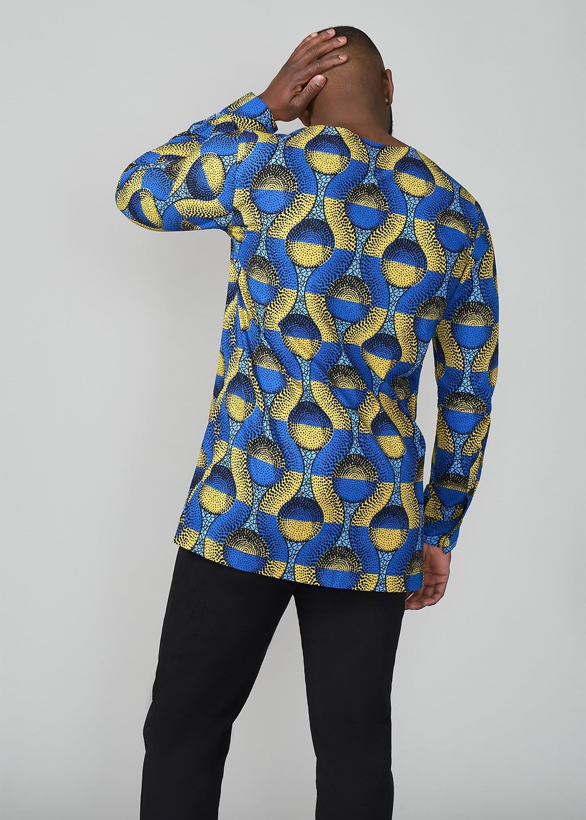 Ibrahim African Print Traditional Top (Blue Gold Circles) - D'IYANU