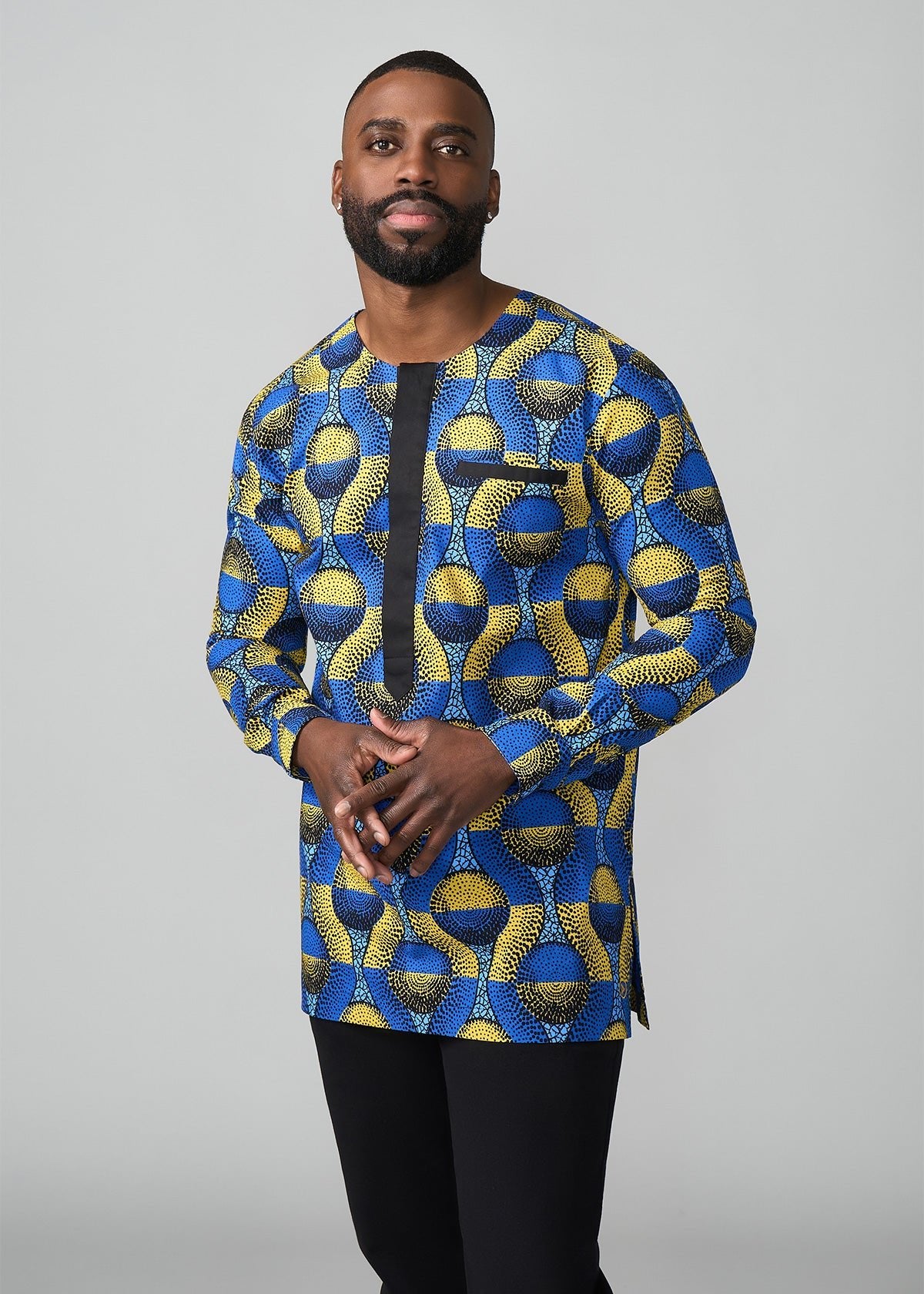 Ibrahim African Print Traditional Top (Blue Gold Circles) - D'IYANU
