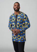 Ibrahim African Print Traditional Top (Blue Gold Circles) - D'IYANU