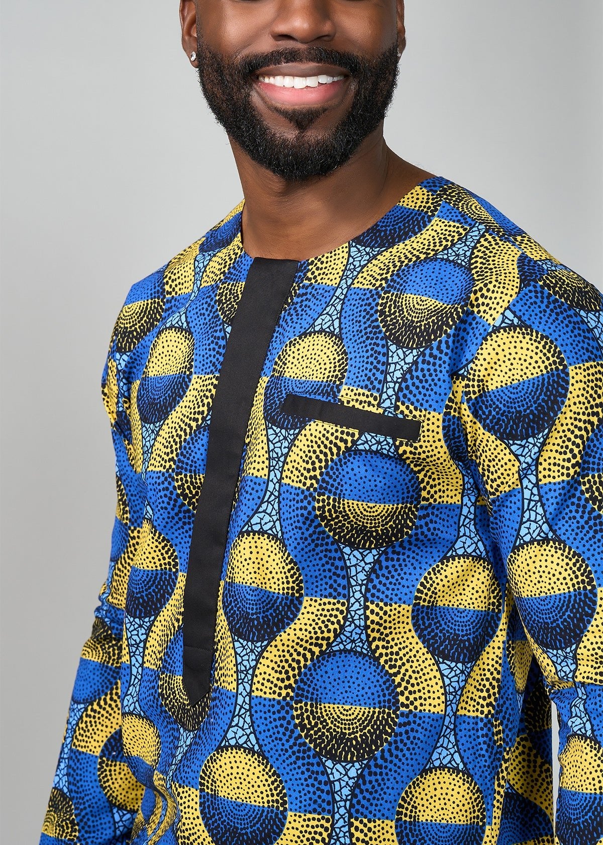 Ibrahim African Print Traditional Top (Blue Gold Circles) - D'IYANU