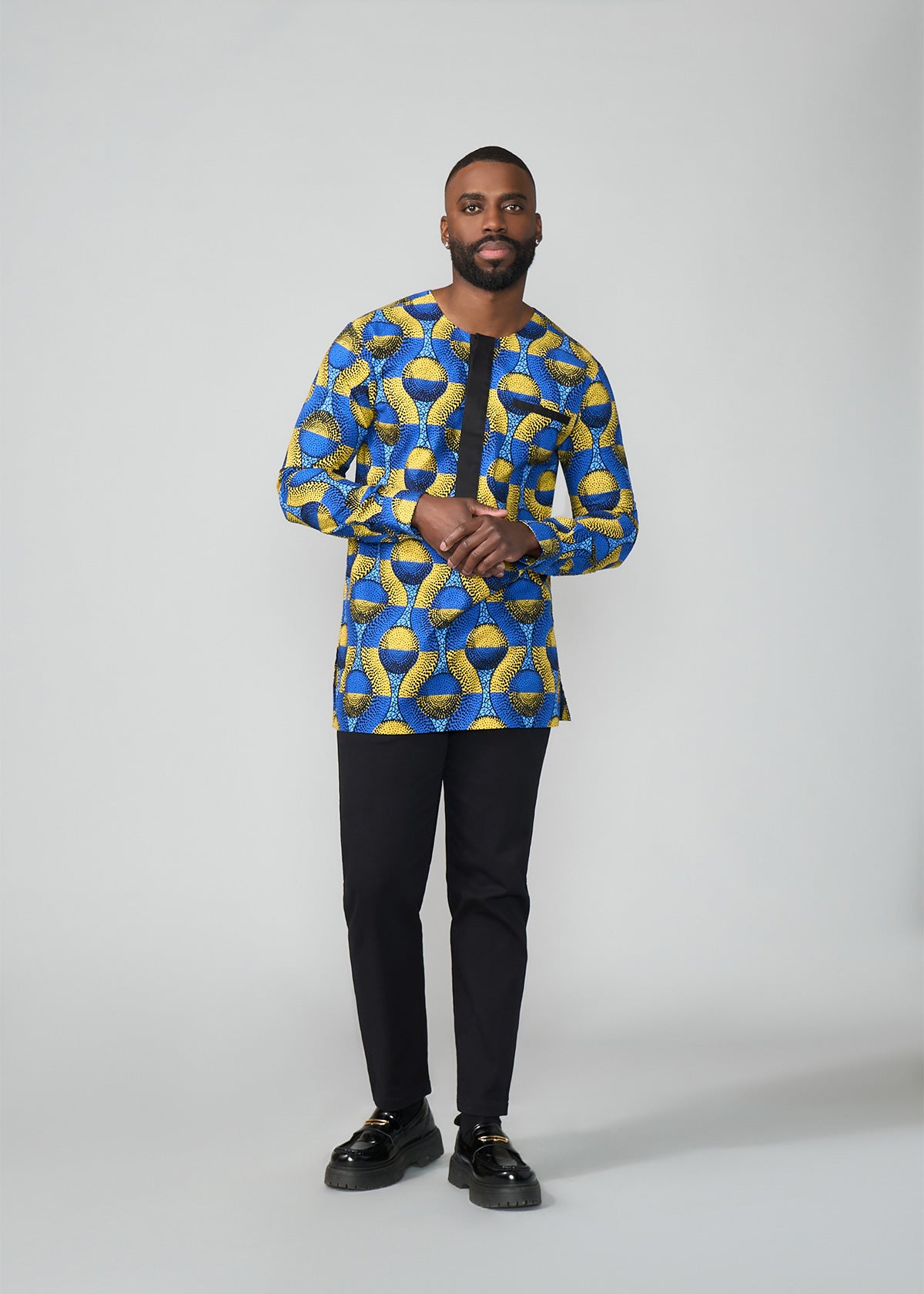 Ibrahim African Print Traditional Top (Blue Gold Circles) - D'IYANU