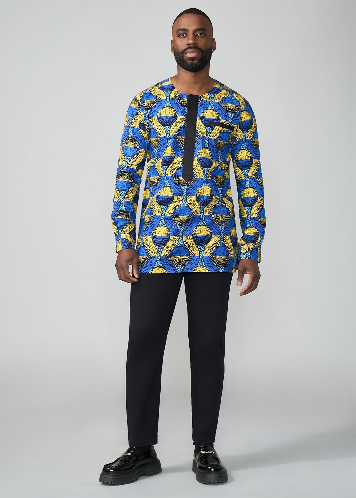 Ibrahim African Print Traditional Top (Blue Gold Circles) - D'IYANU