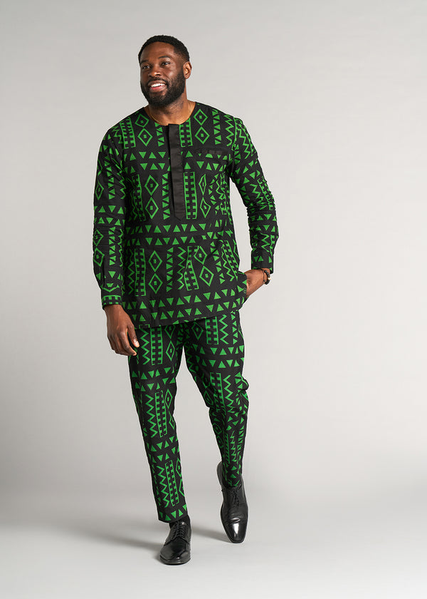 Ibrahim Men's African Print Traditional Shirt (Moss Black Geometric)