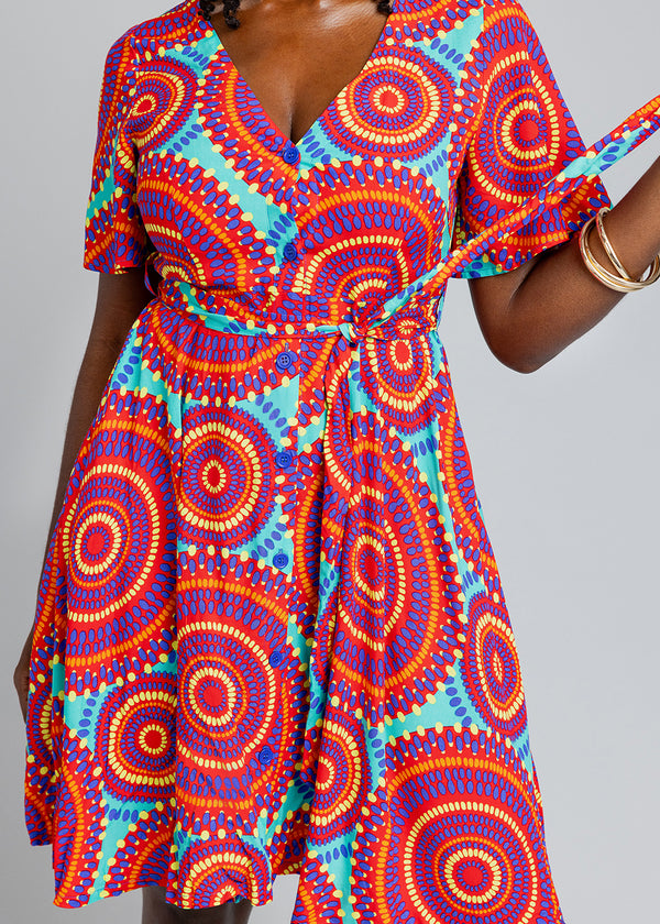 Ifaya Women's African Print Dress (Turquoise Red Circles)