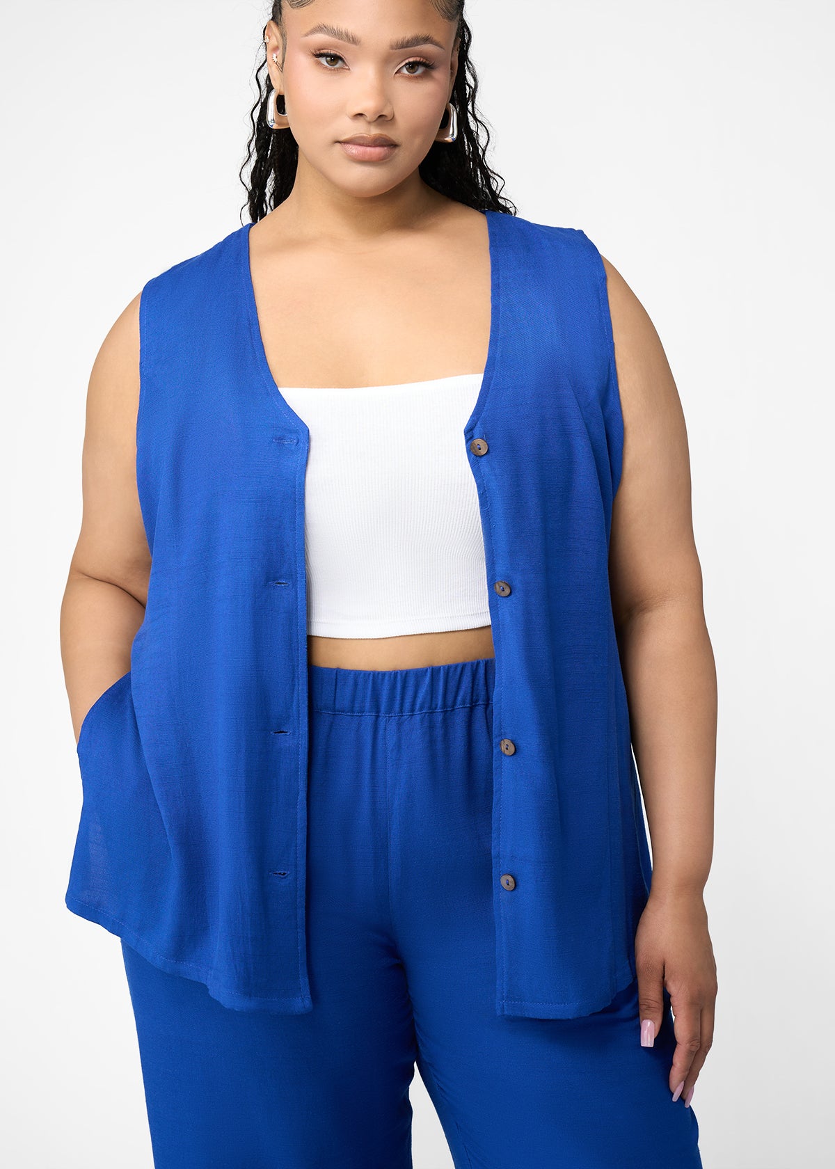 Ifeoma Women's Linen Blend Button-Up Vest (Cobalt) - Clearance - D'IYANU