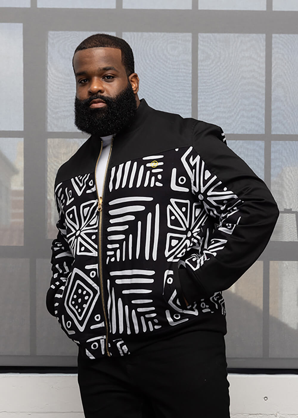 Ise Men's African Print Reversible Bomber Jacket (Grayscale Tribal) - D'IYANU