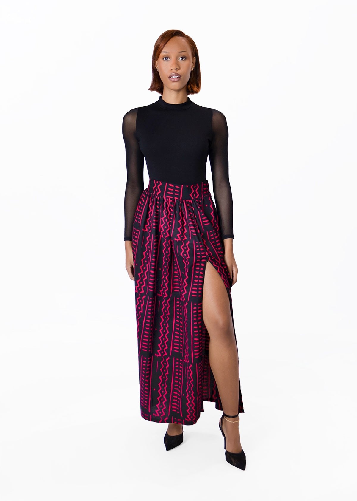 Isioma Womens African Print Maxi Skirt (Black Magenta Tribal)