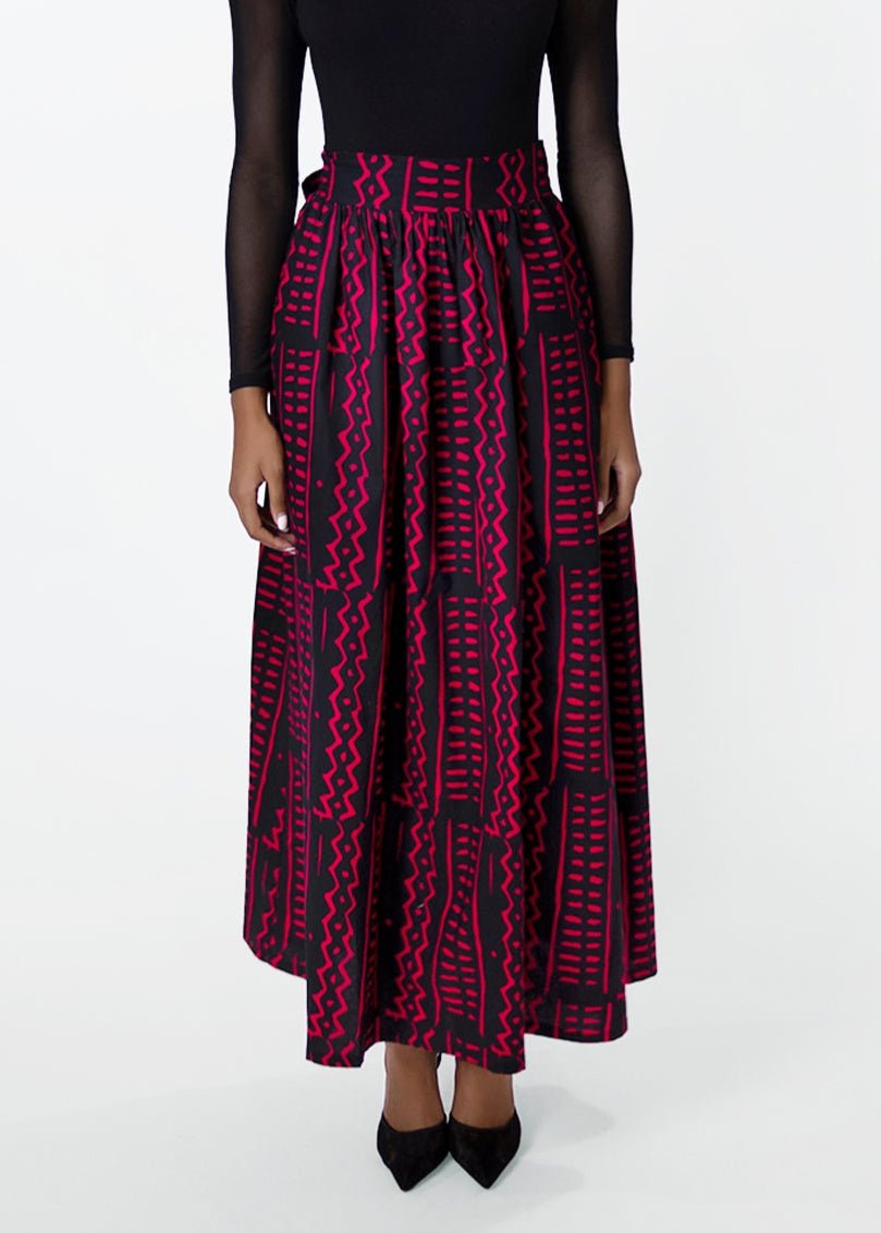 Isioma Womens African Print Maxi Skirt (Black Magenta Tribal)