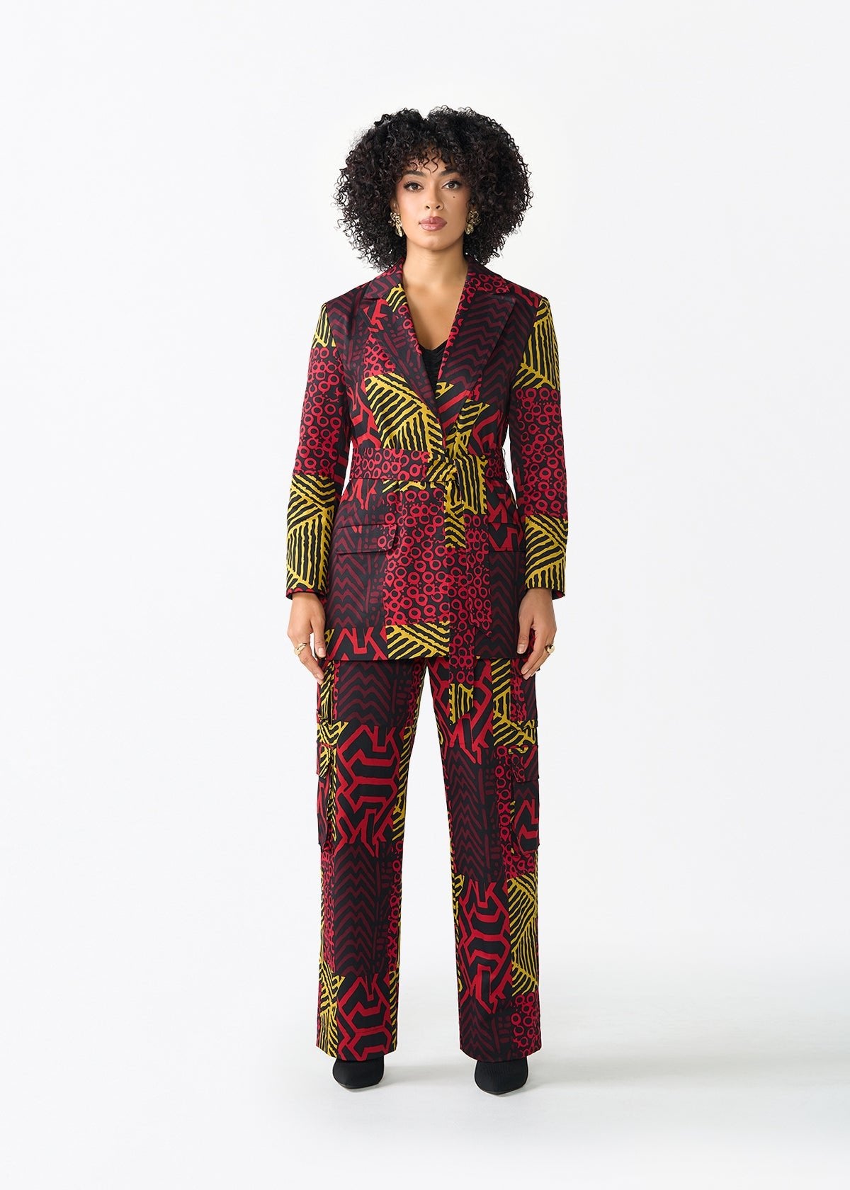 Yunma Women's African Print Twill Cargo Pants (Black Cherry Multipattern) - D'IYANU