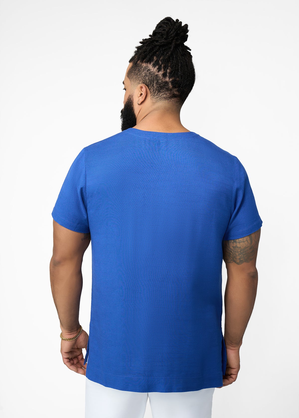 Izibili Men's Embroidered African Linen Blend Tunic (Cobalt) - D'IYANU