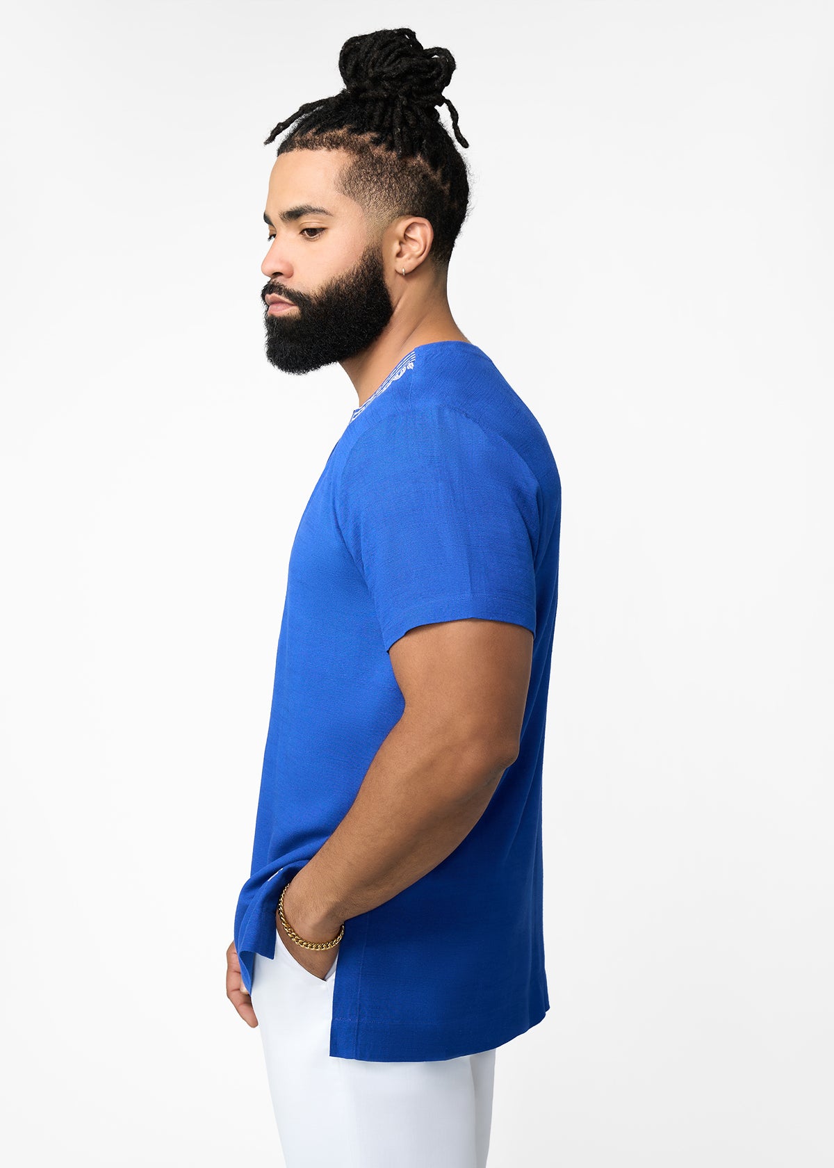 Izibili Men's Embroidered African Linen Blend Tunic (Cobalt) - D'IYANU