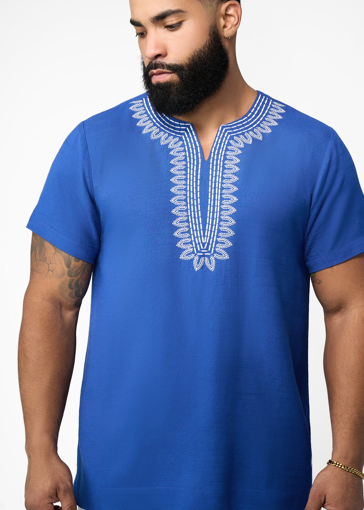 Izibili Men's Embroidered African Linen Blend Tunic (Cobalt) - D'IYANU
