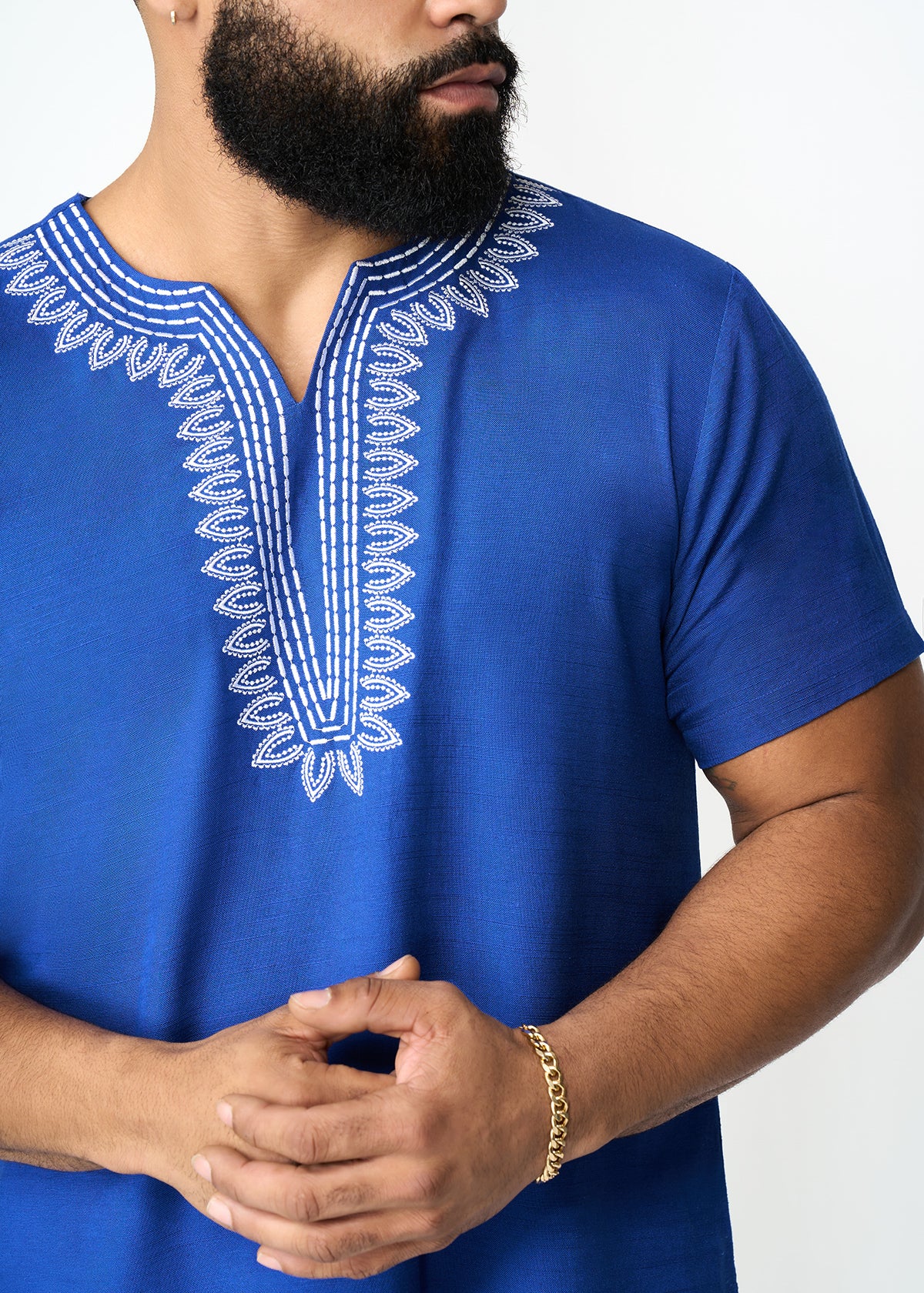 Izibili Men's Embroidered African Linen Blend Tunic (Cobalt) - D'IYANU