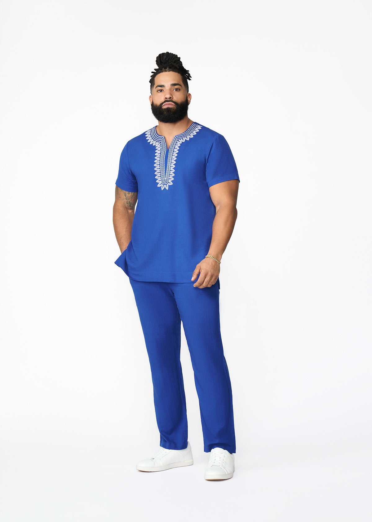 Izibili Men's Embroidered African Linen Blend Tunic (Cobalt) - D'IYANU