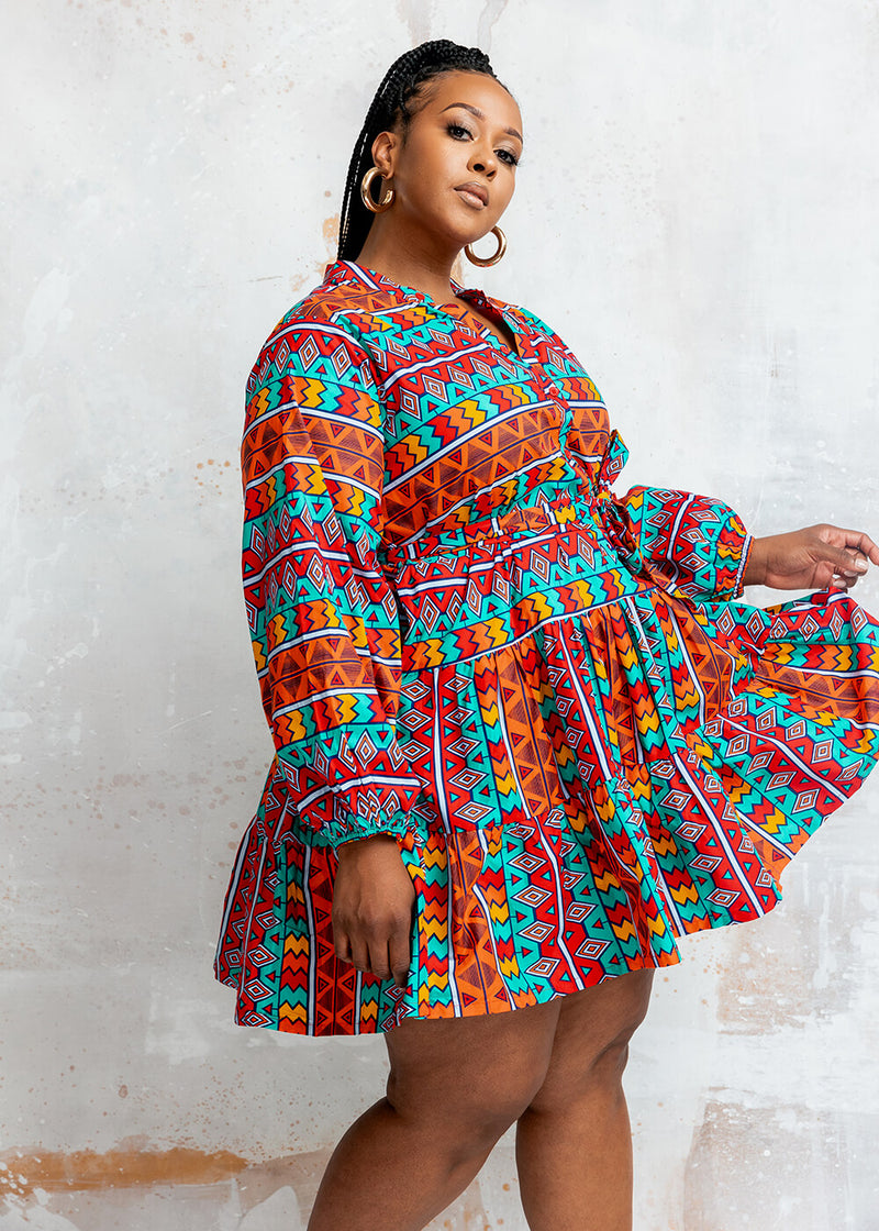 Malia Women's African Print Mini Dress (Rainbow Tribal)-Clearance