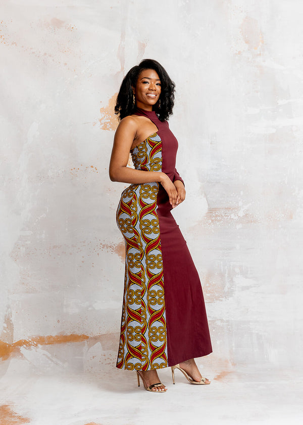 Elemi Women's African Print Stretch Gown (Maroon/Red Yellow Vines)-Clearance