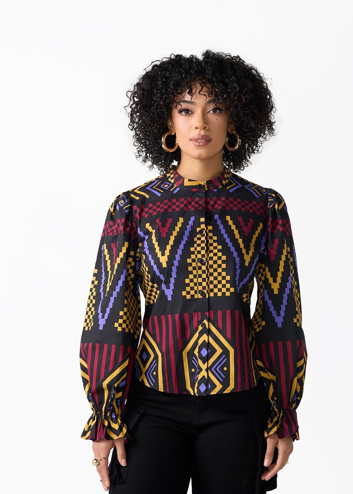 Jahzara Women's African Print Blouse (Black Burgundy Tribal) - D'IYANU