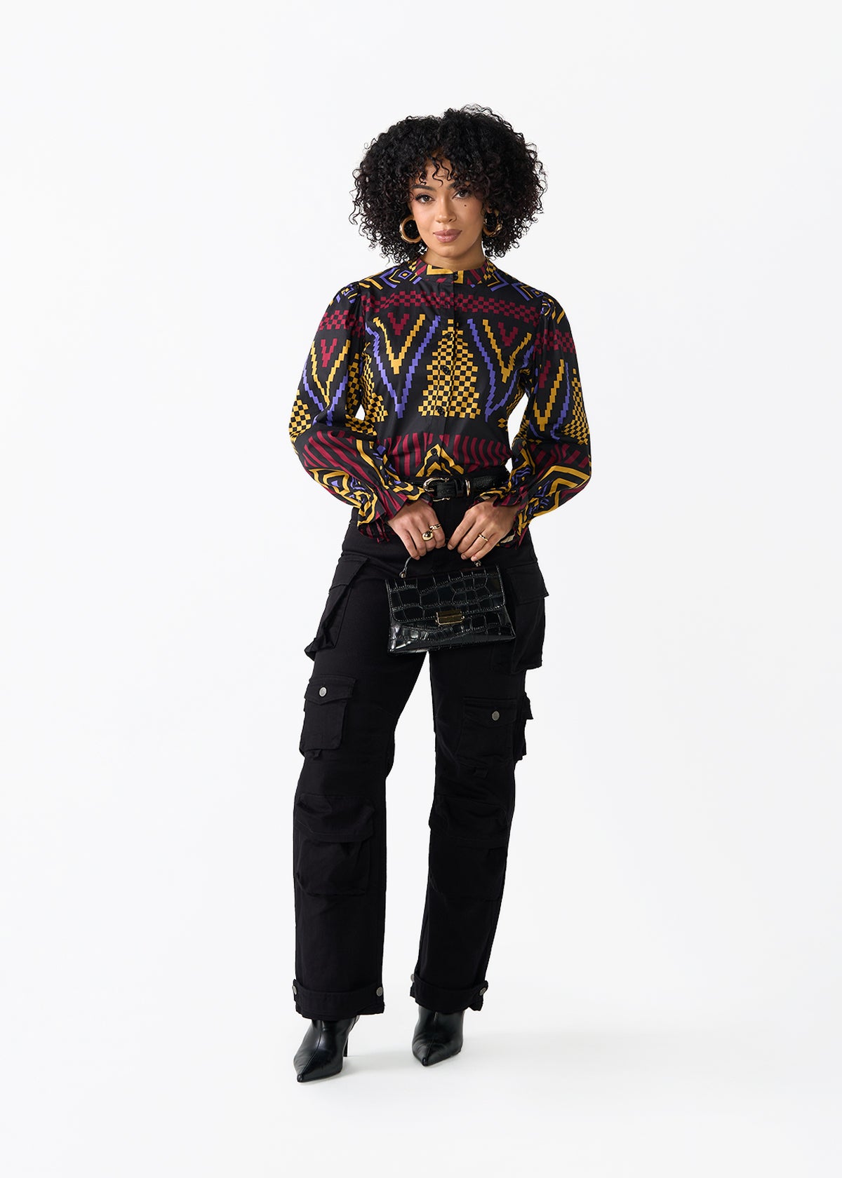 Jahzara Women's African Print Blouse (Black Burgundy Tribal) - D'IYANU