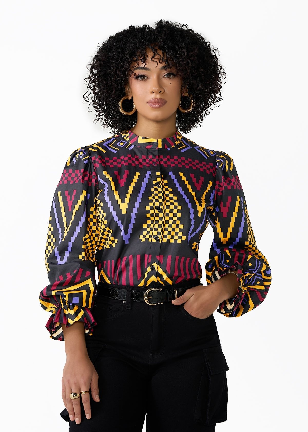 Jahzara Women's African Print Blouse (Black Burgundy Tribal) - D'IYANU