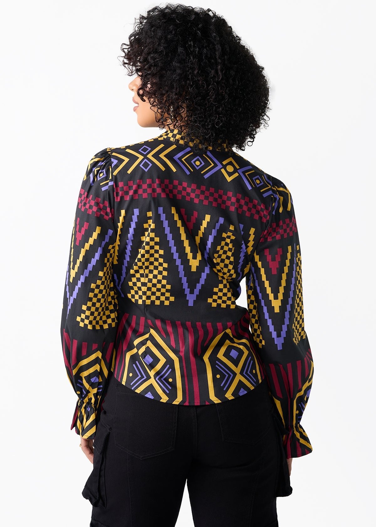 Jahzara Women's African Print Blouse (Black Burgundy Tribal) - D'IYANU