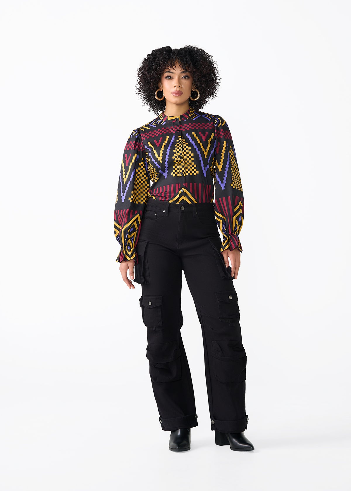 Jahzara Women's African Print Blouse (Black Burgundy Tribal) - D'IYANU