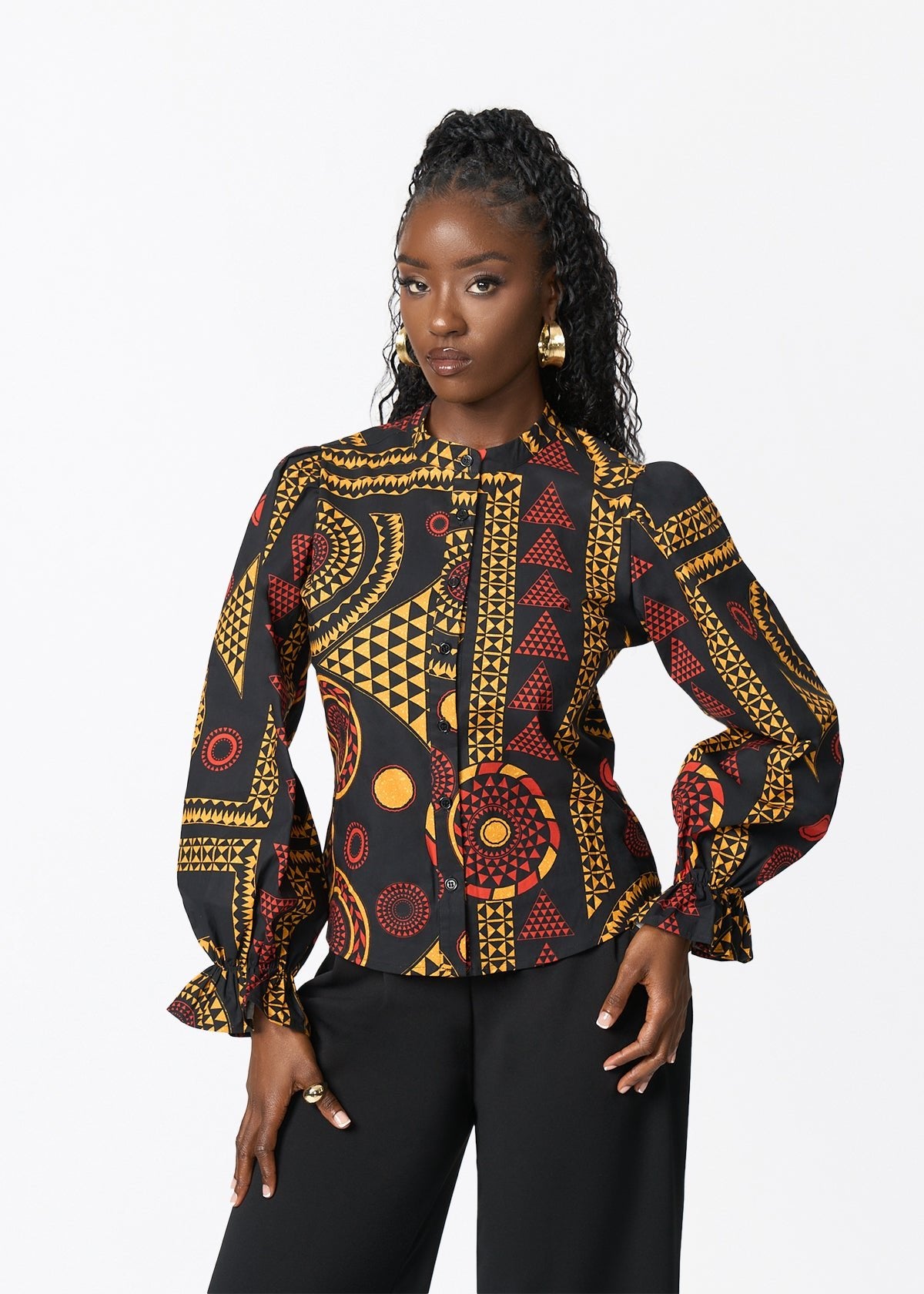 Jahzara Women's African Print Blouse (Black Spice Medallion) - D'IYANU