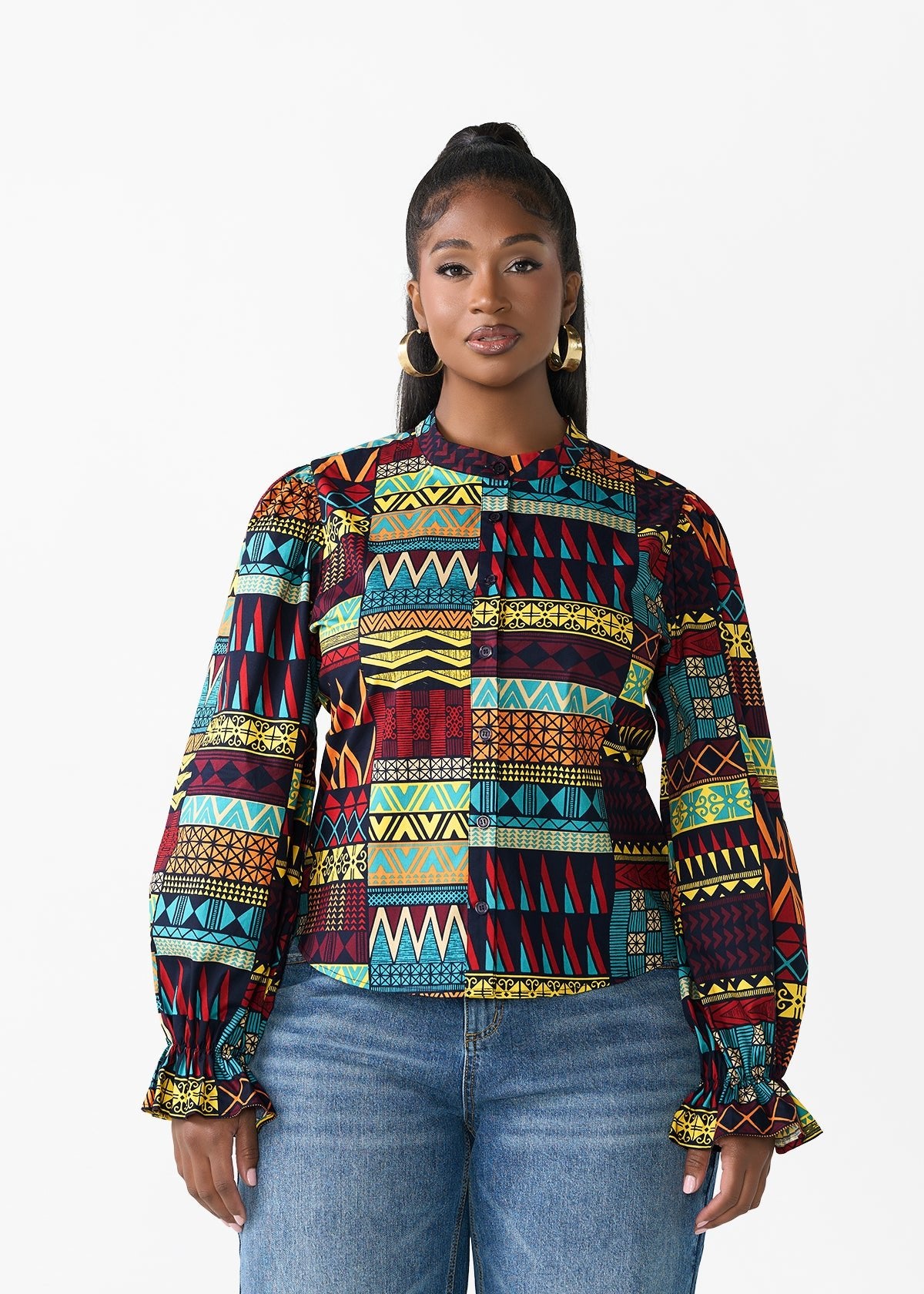 Jahzara Women's African Print Blouse (Navy Multicolor Kente)