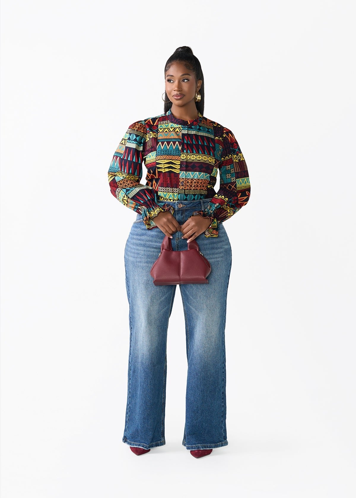 Jahzara Women's African Print Blouse (Navy Multicolor Kente) - D'IYANU