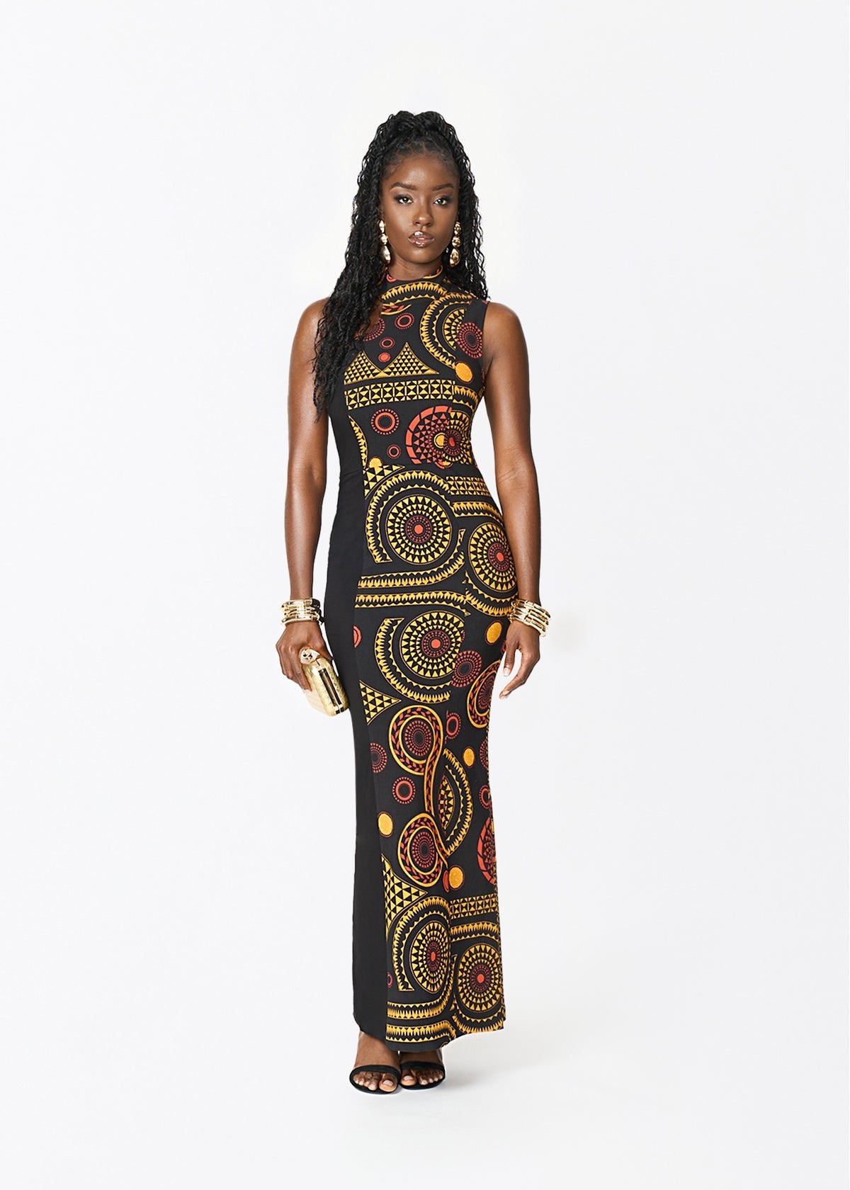Jalia African Print Stretch Gown (Black Spice Medallion) - D'IYANU
