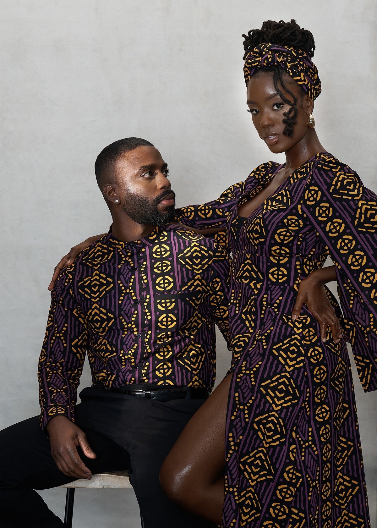 Jamal Men's African Print Mandarin Shirt (Gold Purple Mudcloth) - D'IYANU