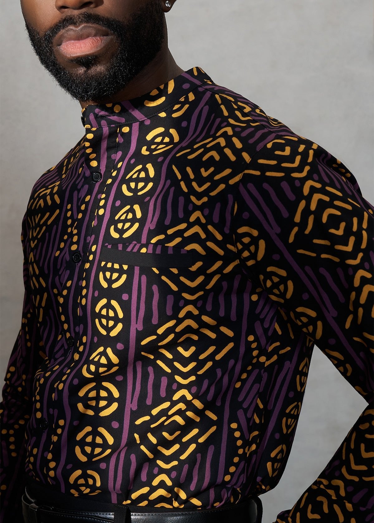 Jamal Men's African Print Mandarin Shirt (Gold Purple Mudcloth) - D'IYANU