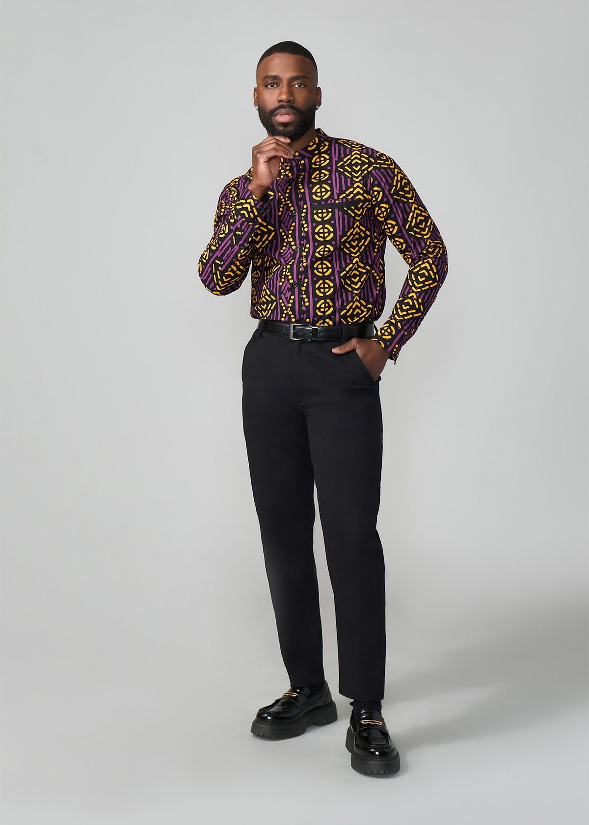 Jamal Men's African Print Mandarin Shirt (Gold Purple Mudcloth) - D'IYANU