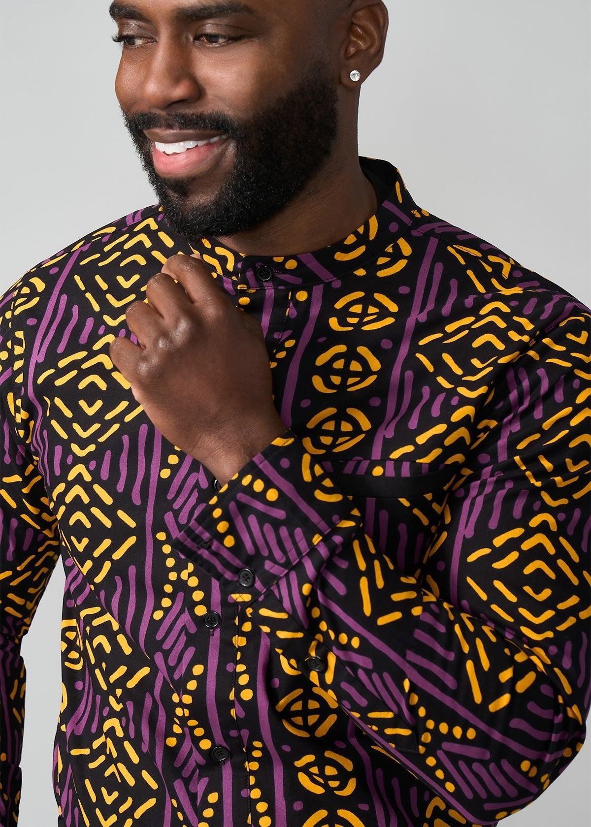 Jamal Men's African Print Mandarin Shirt (Gold Purple Mudcloth) - D'IYANU