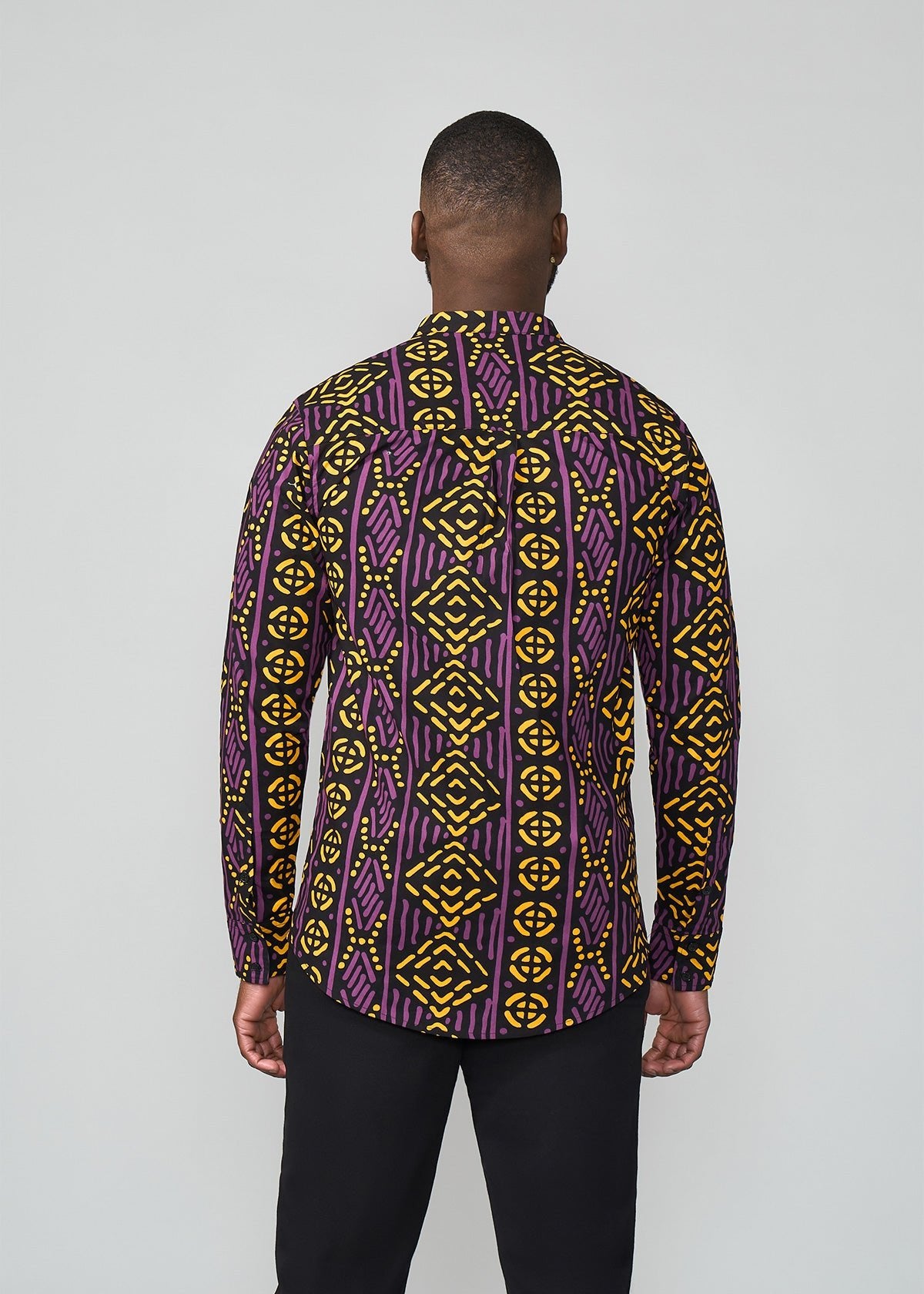Jamal Men's African Print Mandarin Shirt (Gold Purple Mudcloth) - D'IYANU