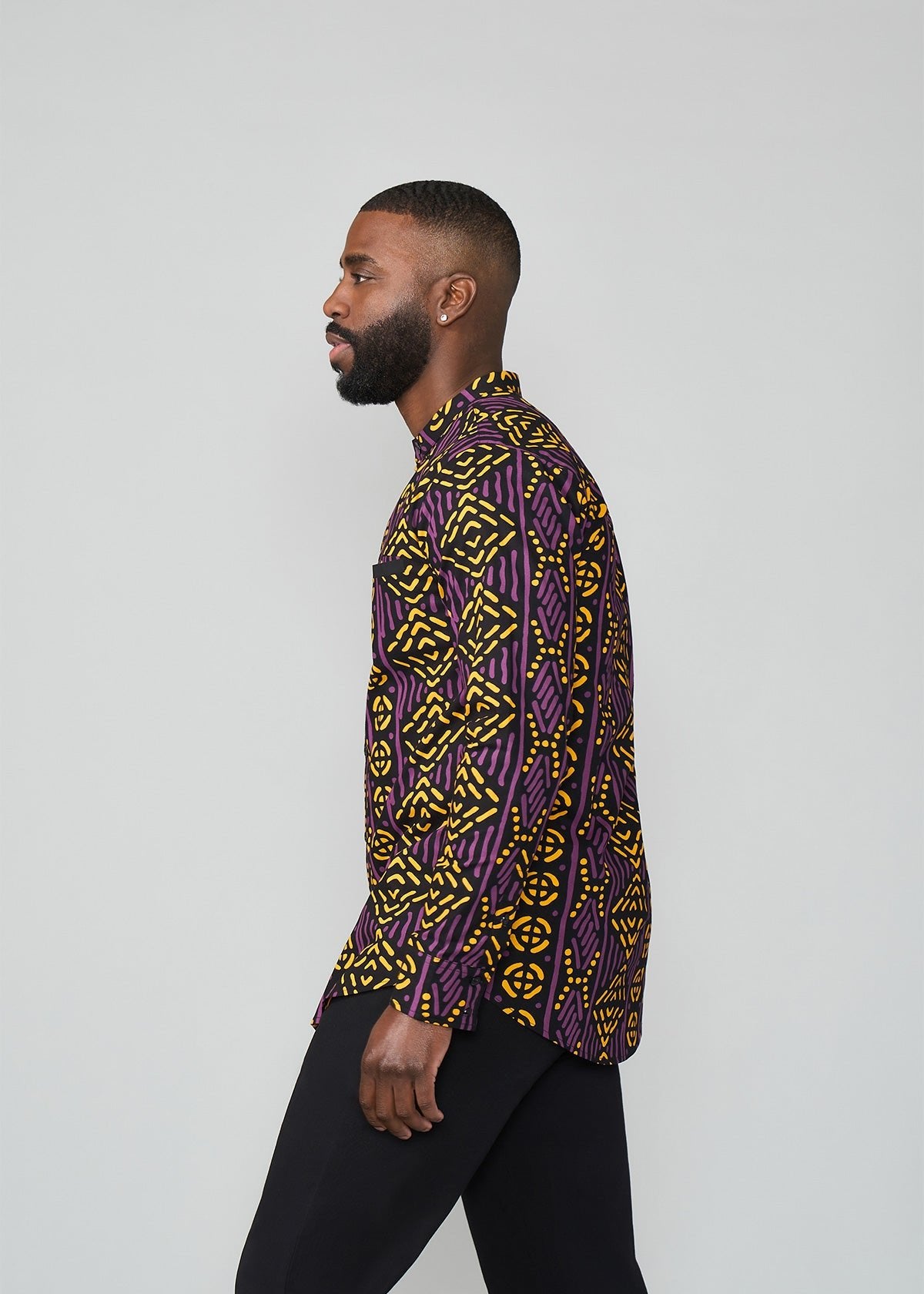 Jamal Men's African Print Mandarin Shirt (Gold Purple Mudcloth) - D'IYANU