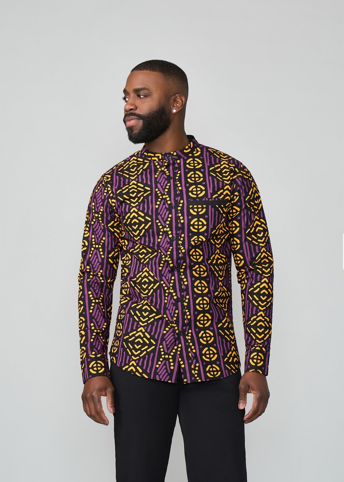 Jamal Men's African Print Mandarin Shirt (Gold Purple Mudcloth) - D'IYANU